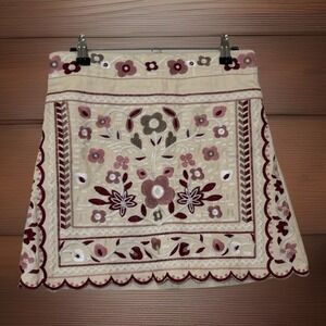 Lulus Sz Small Embroidered Floral Tapestry Skirt Size S Beige Boho A-Line mini